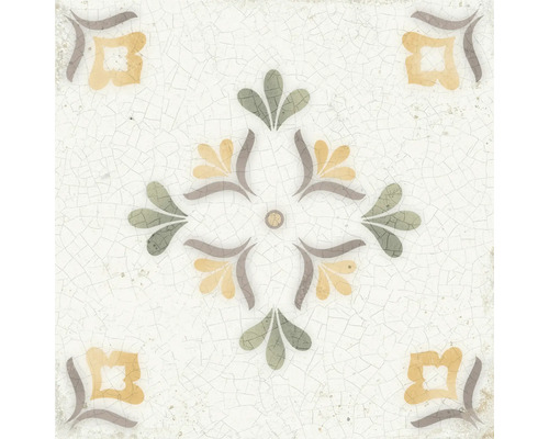Quadratische Keramikfliese im Vintage-Stil mit floralem Ornament und Craquelé-Effekt.