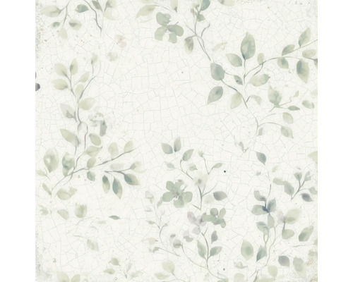 Wandfliese mit floralem Blattmuster und Craquelé-Effekt in Vintage-Optik.
