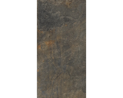 Nahaufnahme einer Natursteinfliese aus Schiefer mit strukturierter, spaltrauer Oberfläche und erdigen Nuancen.