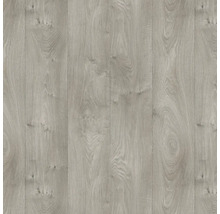 Laminatboden in Holzoptik Hellgrau mit sichtbarer Maserung und Astlöchern.