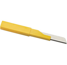 Gelbes Cuttermesser mit Kunststoffgriff und Metallklinge.