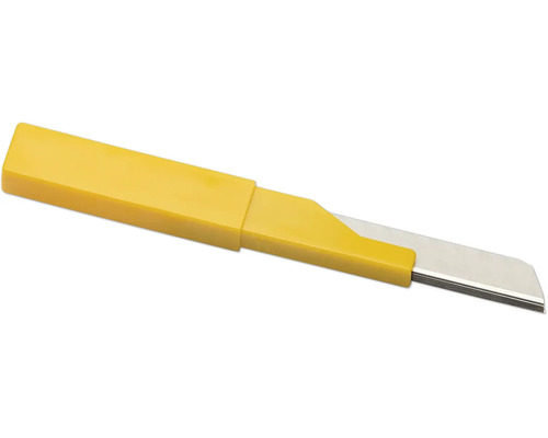 Gelbes Cuttermesser mit Kunststoffgriff und Metallklinge.