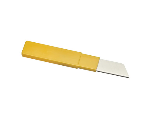 Gelbes Cuttermesser mit Kunststoffgriff und Metallklinge.