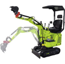 Grüner Zipper Minibagger mit Raupenfahrwerk, verstellbarem Baggerarm und Schutzdach.
