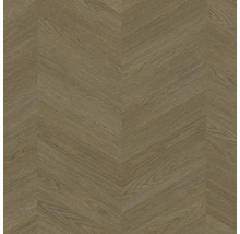Laminatboden in Holzoptik mit Chevron-Muster in Braun.