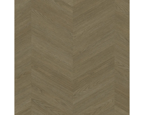 Laminatboden in Holzoptik mit Chevron-Muster in Braun.