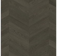 Laminatboden in dunkler Holzoptik mit Chevron-Muster und strukturierter Oberfläche.