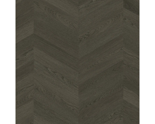 Laminatboden in dunkler Holzoptik mit Chevron-Muster und strukturierter Oberfläche.