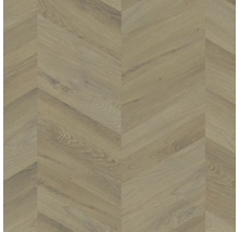 Laminatboden mit Chevron-Muster in Eichenoptik und Holzmaserung.