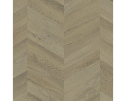 Laminatboden mit Chevron-Muster in Eichenoptik und Holzmaserung.