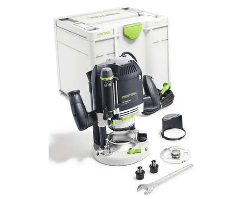 Festool Oberfräse OF 2200 EB mit Transportkoffer Systainer, Stromkabel, Gabelschlüssel, Spannzangen, Spanfänger und Zubehör.