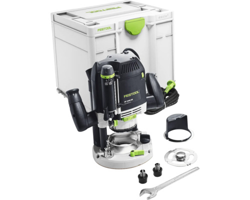 Festool Oberfräse OF 2200 EB im Systainer mit Zubehör wie Gabelschlüssel, Spannzangen und Spanfänger.