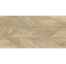 Bodenfliese in Holzoptik mit einem geometrischen Muster aus schräg angeordneten Holzleisten.