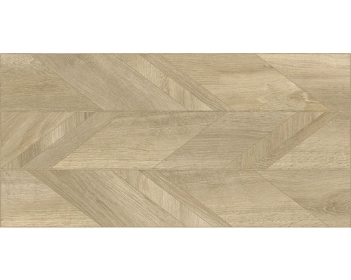 Bodenfliese in Holzoptik mit einem geometrischen Muster aus schräg angeordneten Holzleisten.