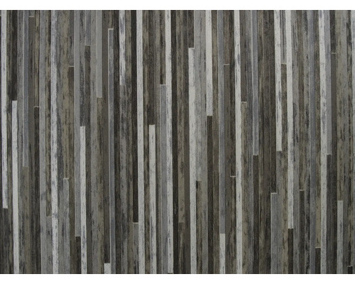 Moderne Vliestapete mit vertikalem Streifenmuster in verschiedenen Grautönen und strukturierter Holzoptik sowie Betonoptik.