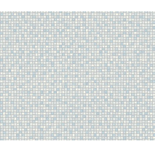 Tapete mit Mosaikmuster aus kleinen Quadraten in Grau, Blau und Weiß.