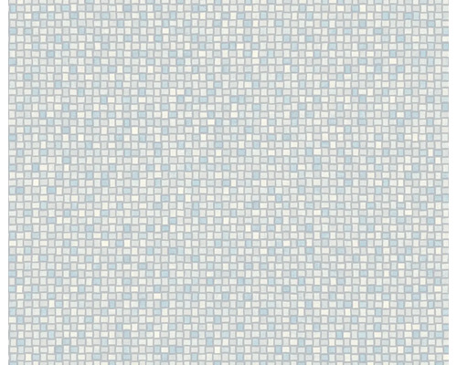 Tapete mit Mosaikmuster aus kleinen Quadraten in Grau, Blau und Weiß.