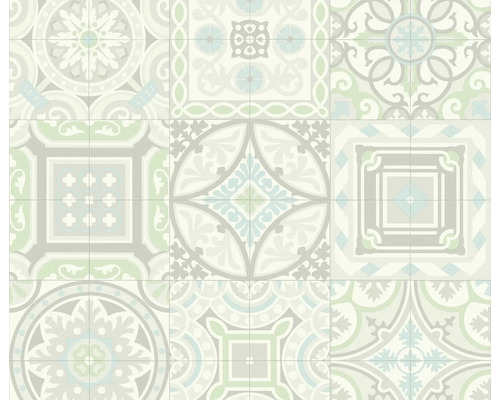 Vliestapete mit Fliesenoptik und Ornament-Muster im Vintage-Stil, geometrische und florale Designs in Pastelltönen