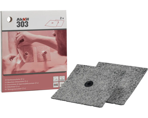 Zwei quadratische Akkit 303 Dichtmanschetten für Wanddurchführungen und Rohrleitungen inklusive Produktverpackung.