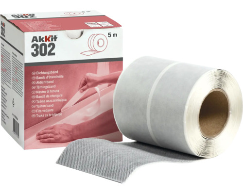 Graues Akkit 302 Dichtungsband, 5 Meter Rolle und Verpackung zur Abdichtung von Fugen und Ecken in Feuchträumen.