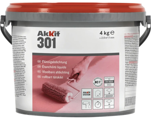 Akkit 301 Flüssigabdichtung 4 kg Eimer für Badezimmer und Dusche, sehr emissionsarm EC1 Plus zertifiziert, für die Anwendung mit der Rolle.