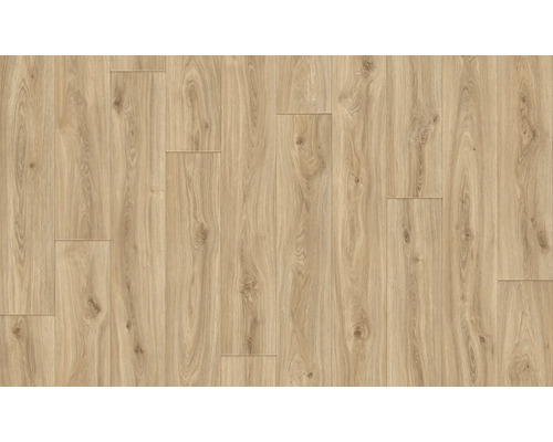 Laminatboden in Eichenoptik mit natürlicher Holzmaserung und sichtbaren Ästen.
