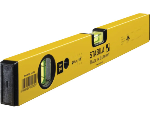 Gelbe Stabila Wasserwaage Type 70, Länge 40 Zentimeter, mit horizontaler und vertikaler Libelle.