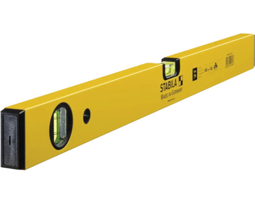 Gelbe Stabila Wasserwaage Type 70, Länge 60 Zentimeter, aus Aluminium mit horizontaler und vertikaler Libelle.