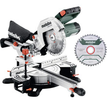 Metabo Kapp- und Gehrungssäge KGS 216 M mit Zugfunktion, inklusive zusätzlichem Sägeblatt und Spänefangsack.