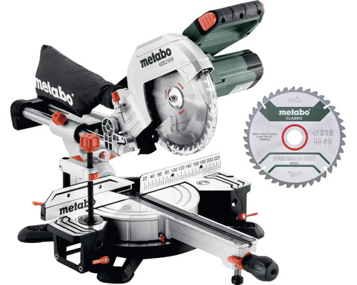 Metabo Kapp- und Gehrungssäge KGS 216 M mit Zugfunktion, inklusive zusätzlichem Sägeblatt und Spänefangsack.