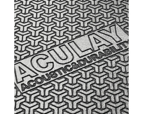 Strukturierte Aculay Trittschalldämmung mit eingeprägtem Schriftzug Acoustic und Durability.