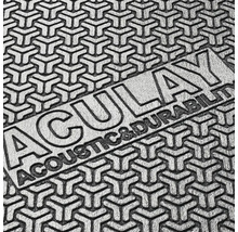Strukturierte Aculay Trittschalldämmung mit eingeprägtem Schriftzug Acoustic und Durability.