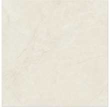Quadratische Fliese in Marmoroptik mit feiner Maserung in Beige.