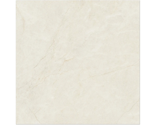 Quadratische Fliese in Marmoroptik mit feiner Maserung in Beige.