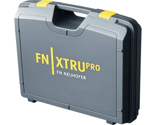 Grauer Werkzeugkoffer FN XTRUPRO von FN Neuhofer aus Kunststoff mit gelben Verschlüssen und integriertem Tragegriff.