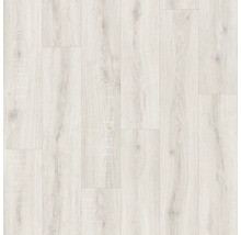 Laminatboden in heller Holzoptik mit Eichenstruktur und sichtbaren Astlöchern.