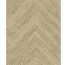 Laminatboden in Fischgrät-Optik mit Holzstruktur.