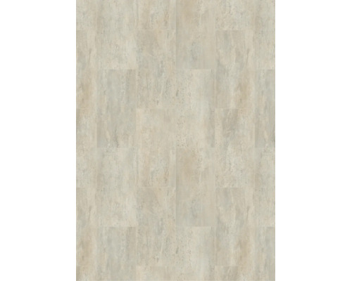 Vinylboden mit Steinoptik in hellbeige und grau meliert mit rechteckigem Fliesenmuster.