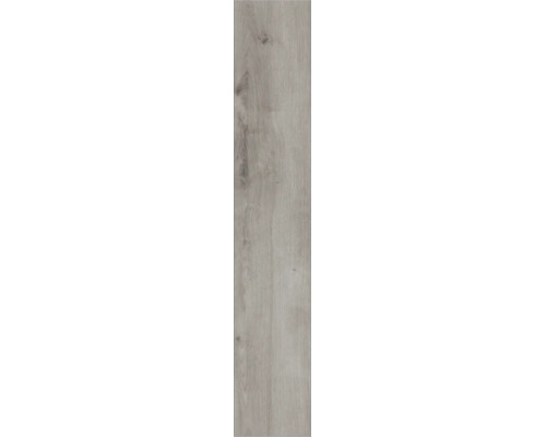 Laminatboden Paneel in grauer Holzoptik mit Astlöchern und Maserung.