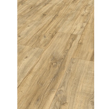 Laminatboden in Eichenoptik mit natürlicher Holzmaserung und sichtbaren Astlöchern.