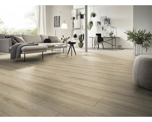 Heller, geräumiger Wohnbereich mit Laminatboden in Holzoptik, modernem Sofa, Arbeitsplatz und dekorativen Zimmerpflanzen.