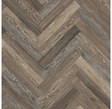 Bodenbelag in Fischgrät-Optik mit Holzstruktur in Braun- und Grautönen.