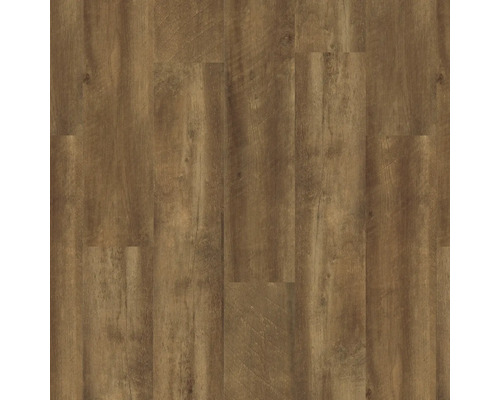 Laminatboden in Holzoptik Eiche braun mit Maserung und Astlöchern.