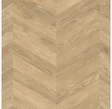 Laminatboden in Eichenoptik mit Chevron-Muster und natürlicher Holzmaserung.