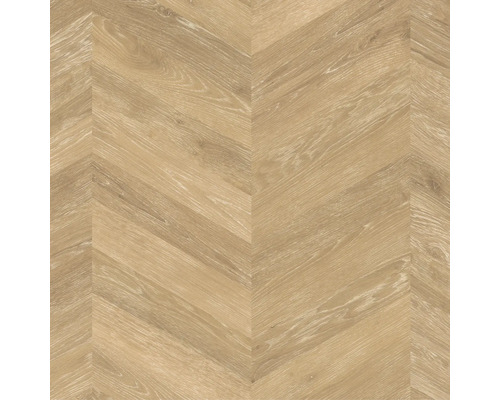 Laminatboden in Eichenoptik mit Chevron-Muster und natürlicher Holzmaserung.