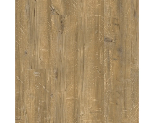 Laminatboden in Eichenoptik mit sichtbarer Holzstruktur und Astlöchern.