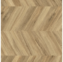 Bodenbelag in Holzoptik mit Chevron-Muster.