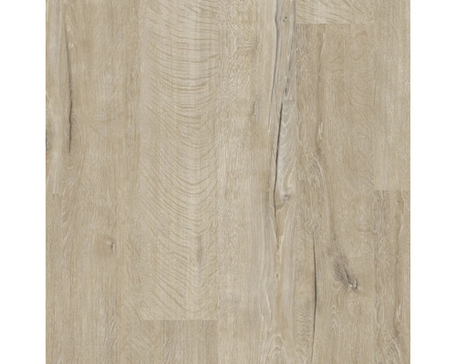 Laminatboden in Eichenoptik mit natürlicher Maserung, Astlöchern und feinen Rissen für einen rustikalen Look.
