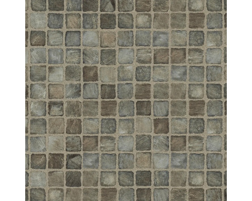 Vliestapete in Steinoptik mit Mosaikmuster aus kleinen Quadraten in Grau- und Brauntönen.