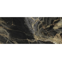 Feinsteinzeugfliese mit Marmor-Optik Onyx-Design, dunkle Oberfläche mit goldfarbenen und weißen Adern.